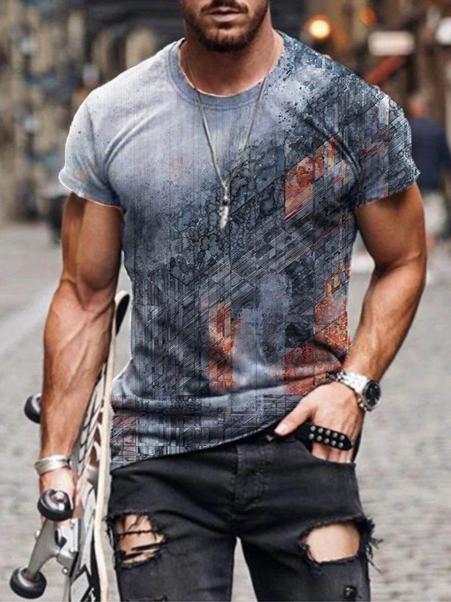Mens Street Casual Trend Abstract Painting Print Short-Sleeved T-Shirt - Mubimart