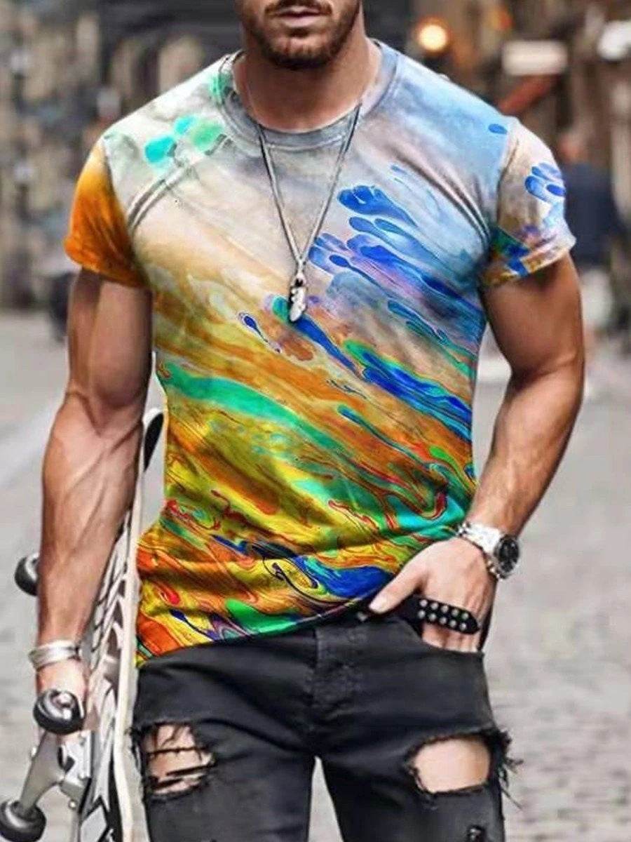 Mens Street Casual Trend Abstract Painting Print Short-Sleeved T-Shirt - Mubimart