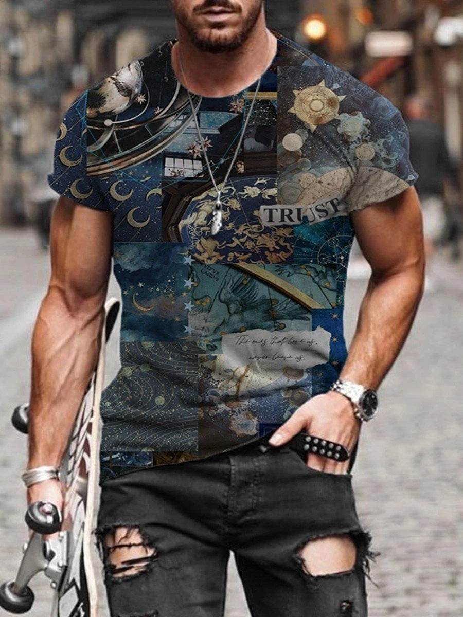 Mens Street Casual Trend Abstract Painting Print Short-Sleeved T-Shirt - Mubimart