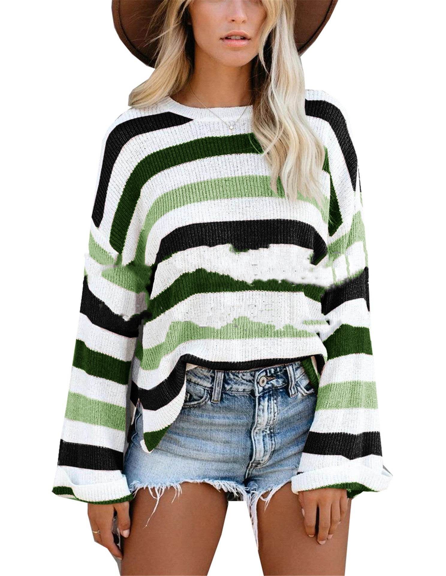 Plus Size Personalized Striped Knitted Sweater - Mubimart