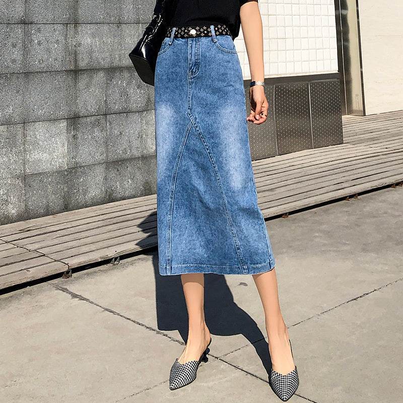 Plus Fat Plus Size One-Step Split Denim Skirt Mid-Length Female Skirt High Waist Bag Hip Long Skirt - Mubimart