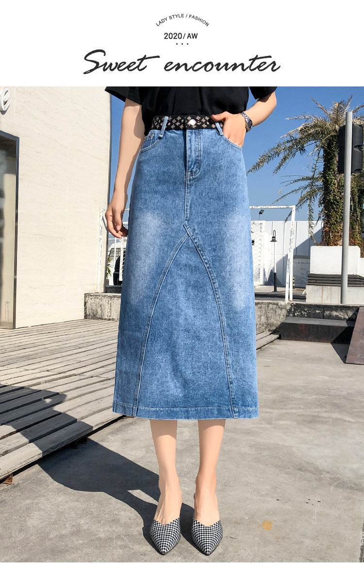 Plus Fat Plus Size One-Step Split Denim Skirt Mid-Length Female Skirt High Waist Bag Hip Long Skirt - Mubimart