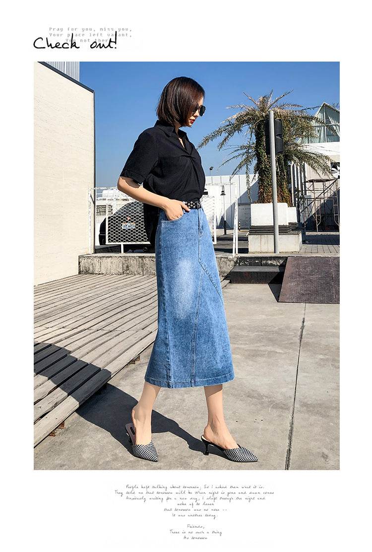 Plus Fat Plus Size One-Step Split Denim Skirt Mid-Length Female Skirt High Waist Bag Hip Long Skirt - Mubimart