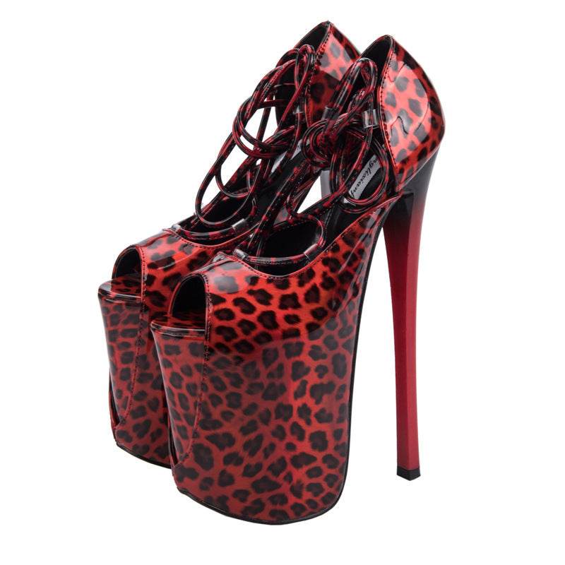 LeopardPrint Super High Stiletto Heel 22cm Strappy Sandals Hollow Fish Mouth Large Size 34-47 Size Women's Shoes - Mubimart
