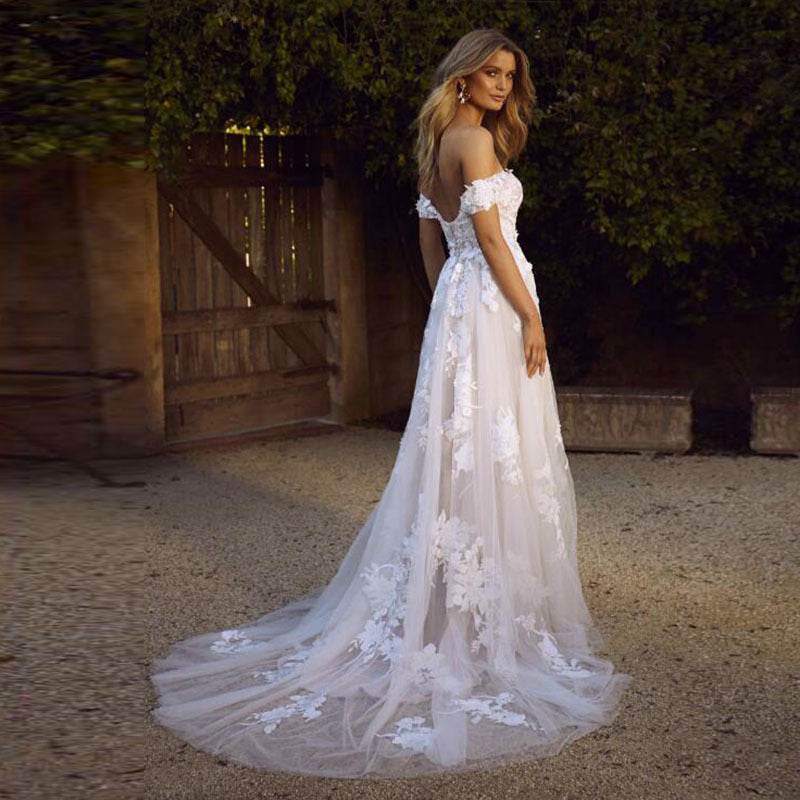 Lace Wedding Dresses Off The Shoulder Appliques A-Line Bride Dress Princess Wedding Gown Bridal Dress - Mubimart