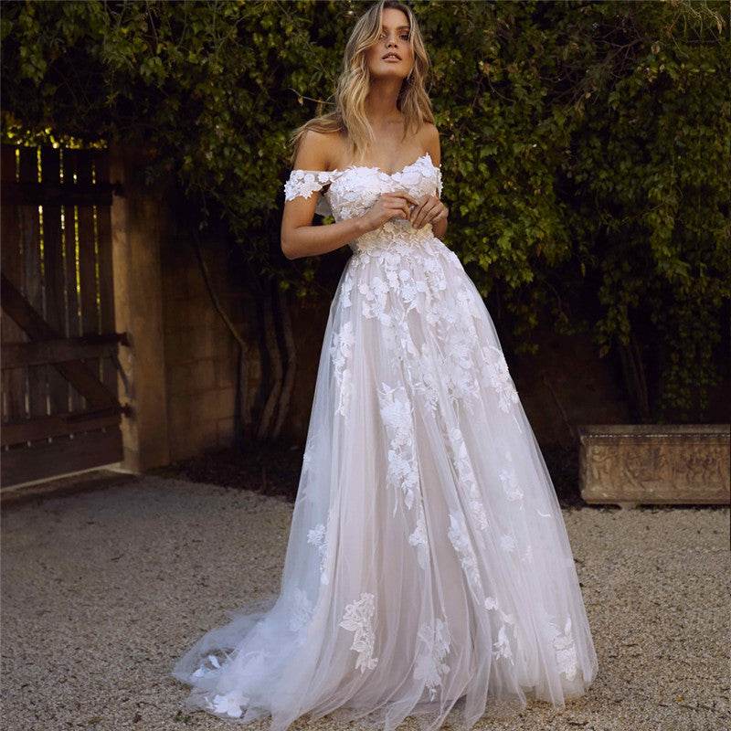 Lace Wedding Dresses Off The Shoulder Appliques A-Line Bride Dress Princess Wedding Gown Bridal Dress - Mubimart
