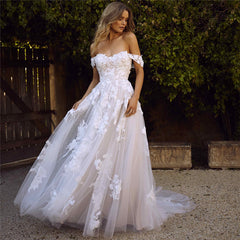 Lace Wedding Dresses Off The Shoulder Appliques A-Line Bride Dress Princess Wedding Gown Bridal Dress - Mubimart - Bridal Dress 