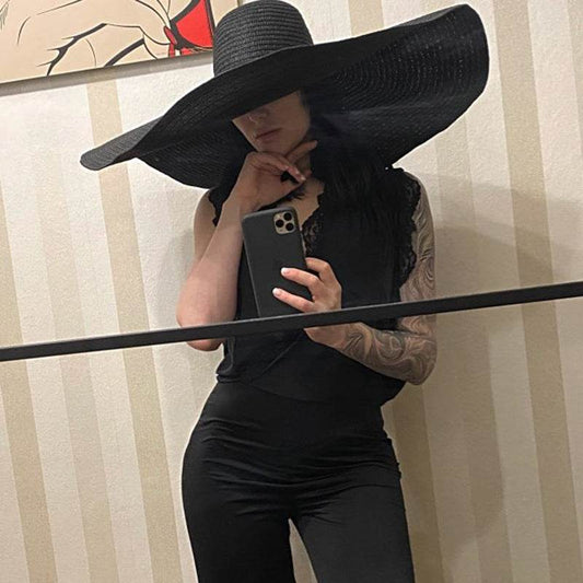25CM Wide Brim Oversized Beach Hats For Women Large Straw Hat UV Protection - Mubimart