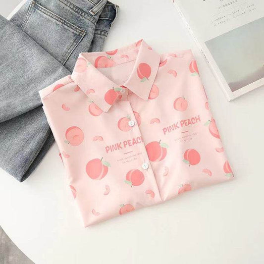 Joinyouth Peach Printed Shirt Japanese Preppy Style Blouses Women Blusas Mujer De Moda Short Sleeve Chiffon Blouse Tops - Mubimart