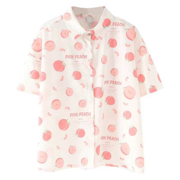 Joinyouth Peach Printed Shirt Japanese Preppy Style Blouses Women Blusas Mujer De Moda Short Sleeve Chiffon Blouse Tops - Mubimart