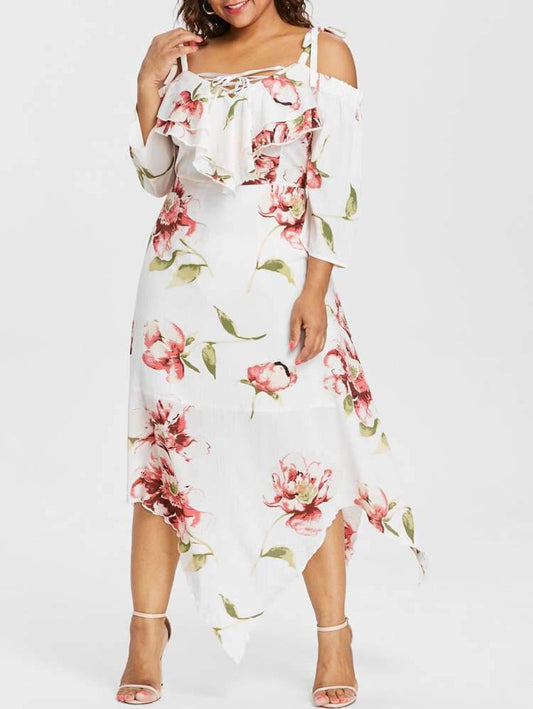 Plus Size Off Shoulder Lace Up Floral Maxi dress - Mubimart