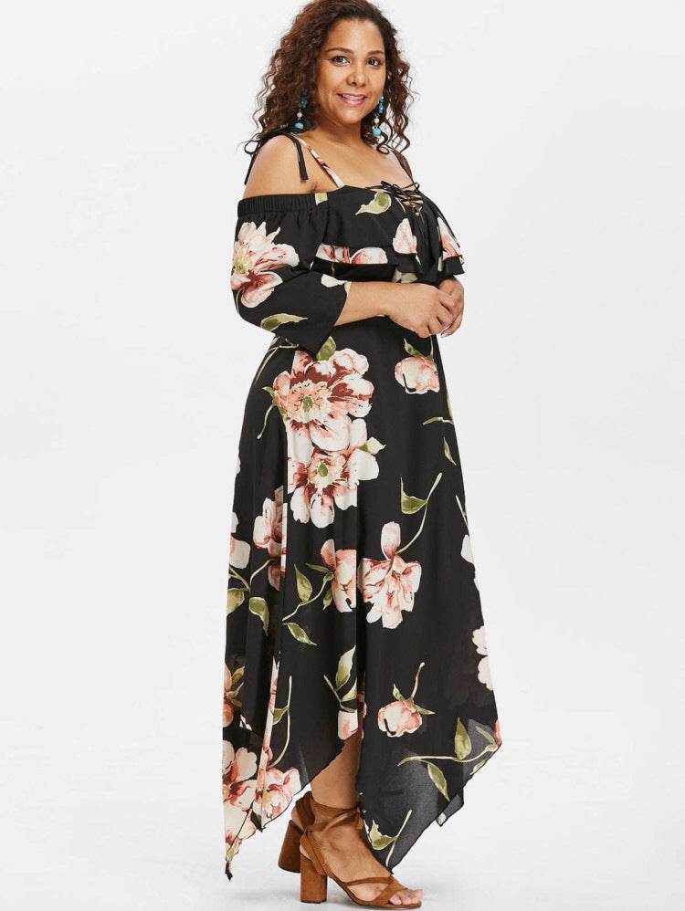 Plus Size Off Shoulder Lace Up Floral Maxi dress - Mubimart