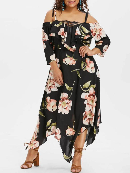 Plus Size Off Shoulder Lace Up Floral Maxi dress - Mubimart