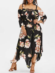 Plus Size Off Shoulder Lace Up Floral Maxi dress - Mubimart - Plus Size Maxi Dress 