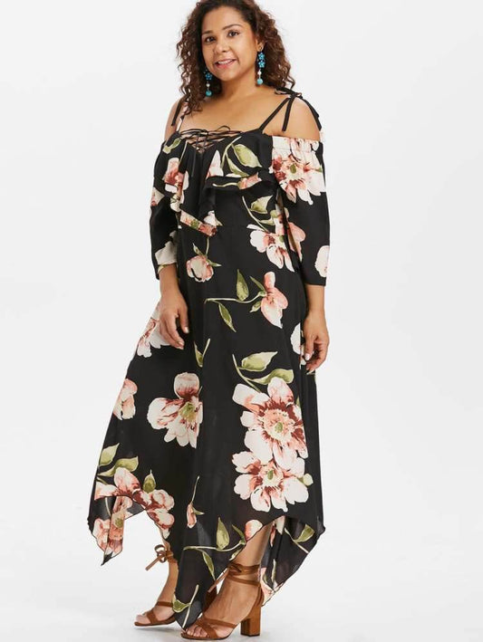 Plus Size Off Shoulder Lace Up Floral Maxi dress - Mubimart