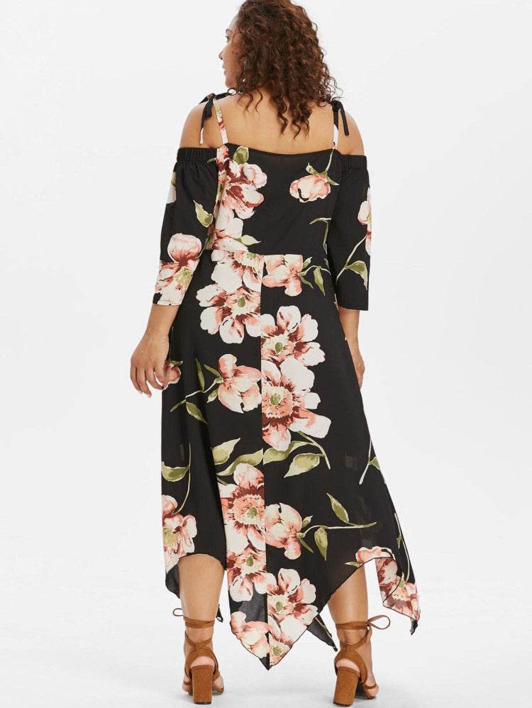 Plus Size Off Shoulder Lace Up Floral Maxi dress - Mubimart