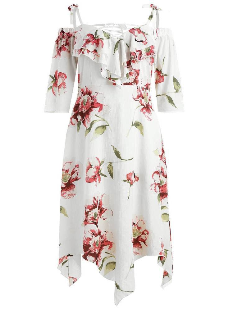 Plus Size Off Shoulder Lace Up Floral Maxi dress - Mubimart