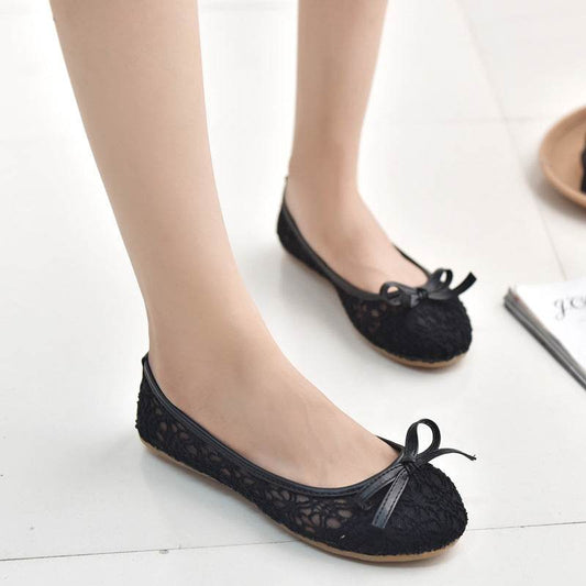 Ladies Mesh Lace Hollow Bowknot Work Shoes - Mubimart
