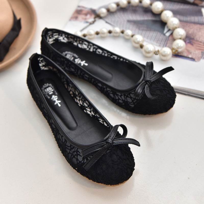 Ladies Mesh Lace Hollow Bowknot Work Shoes - Mubimart