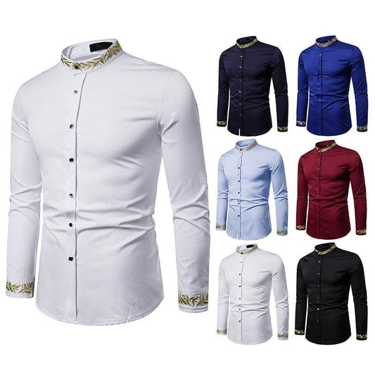 Gold Embroidery White Shirt Men Brand New Stand Collar Mens Dress Shirts Casual Slim Long Sleeve Chemise Homme Camisa Masculina - Mubimart