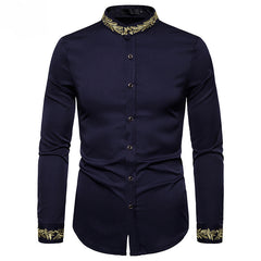 Gold Embroidery White Shirt Men Brand New Stand Collar Mens Dress Shirts Casual Slim Long Sleeve Chemise Homme Camisa Masculina