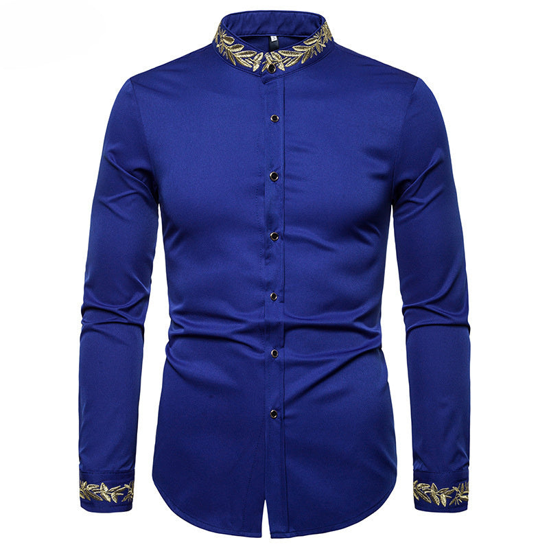 Gold Embroidery White Shirt Men Brand New Stand Collar Mens Dress Shirts Casual Slim Long Sleeve Chemise Homme Camisa Masculina