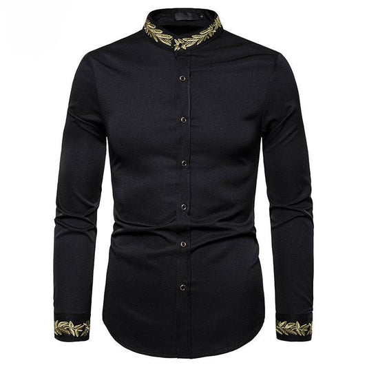 Gold Embroidery White Shirt Men Brand New Stand Collar Mens Dress Shirts Casual Slim Long Sleeve Chemise Homme Camisa Masculina - Mubimart