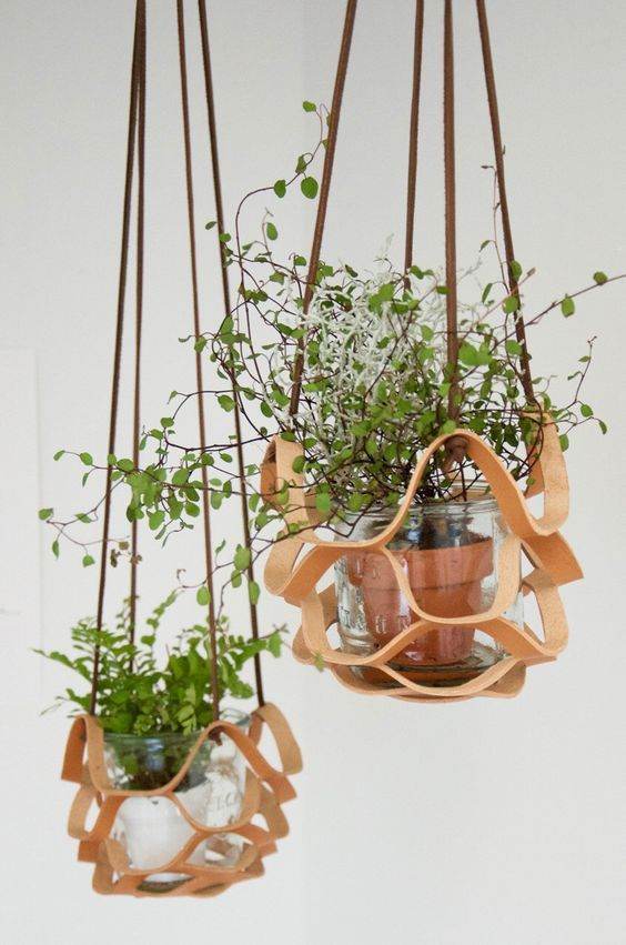 Leather Hanger Basket Macrame Wall Hanging Planter Shelf Decorative Flower Pot Holder Boho Home Decor for Small Plants - Mubimart