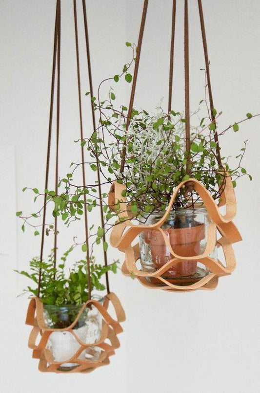 Leather Hanger Basket Macrame Wall Hanging Planter Shelf Decorative Flower Pot Holder Boho Home Decor for Small Plants - Mubimart