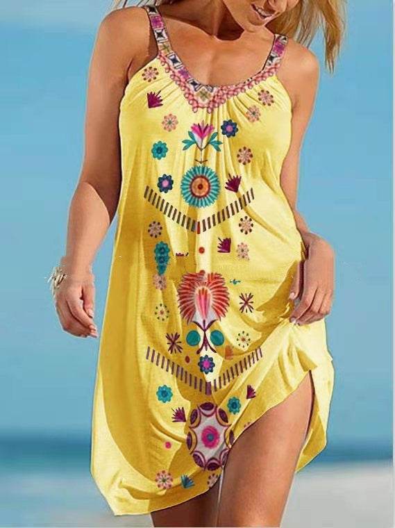 Printed Vest Camisole Sleeveless Loose Dress - Mubimart