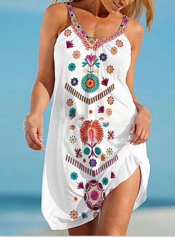 Printed Vest Camisole Sleeveless Loose Dress - Mubimart