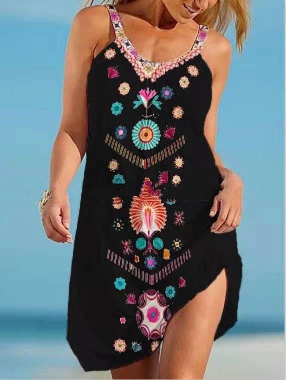 Printed Vest Camisole Sleeveless Loose Dress - Mubimart