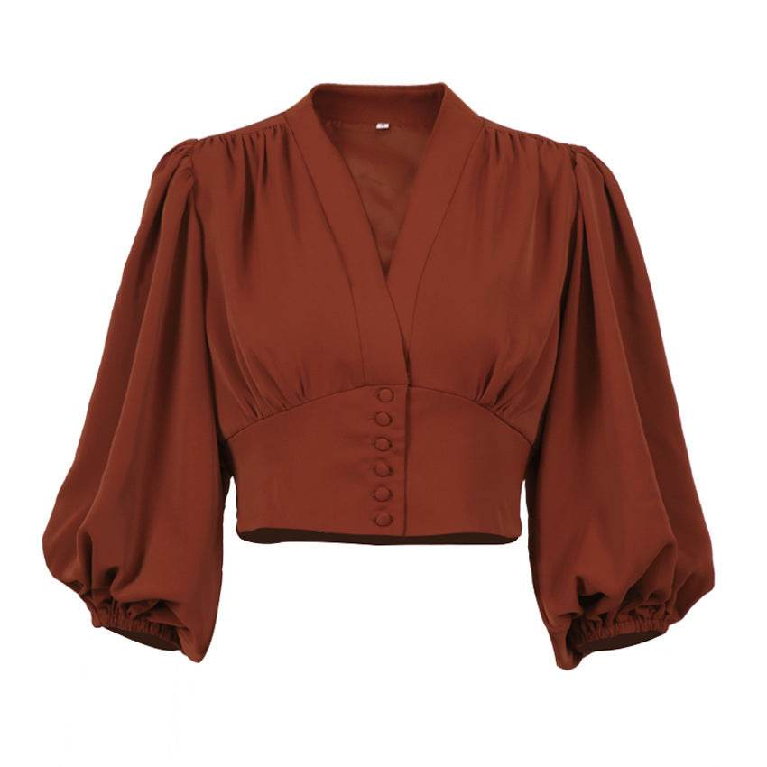 OOTN Elegant White Blouse Women Shirt Top Female Tunic V Neck Button Down Chic Casual Wine Red Blouse Lantern Sleeve Ladies - Mubimart