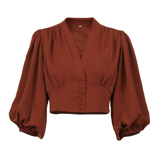 OOTN Elegant White Blouse Women Shirt Top Female Tunic V Neck Button Down Chic Casual Wine Red Blouse Lantern Sleeve Ladies - Mubimart