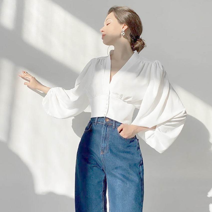 OOTN Elegant White Blouse Women Shirt Top Female Tunic V Neck Button Down Chic Casual Wine Red Blouse Lantern Sleeve Ladies - Mubimart