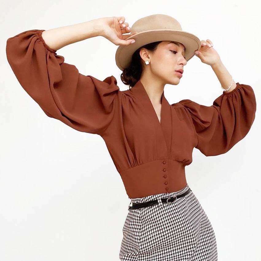 OOTN Elegant White Blouse Women Shirt Top Female Tunic V Neck Button Down Chic Casual Wine Red Blouse Lantern Sleeve Ladies - Mubimart