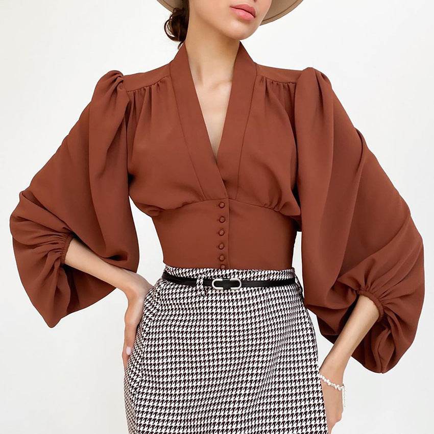 OOTN Elegant White Blouse Women Shirt Top Female Tunic V Neck Button Down Chic Casual Wine Red Blouse Lantern Sleeve Ladies - Mubimart
