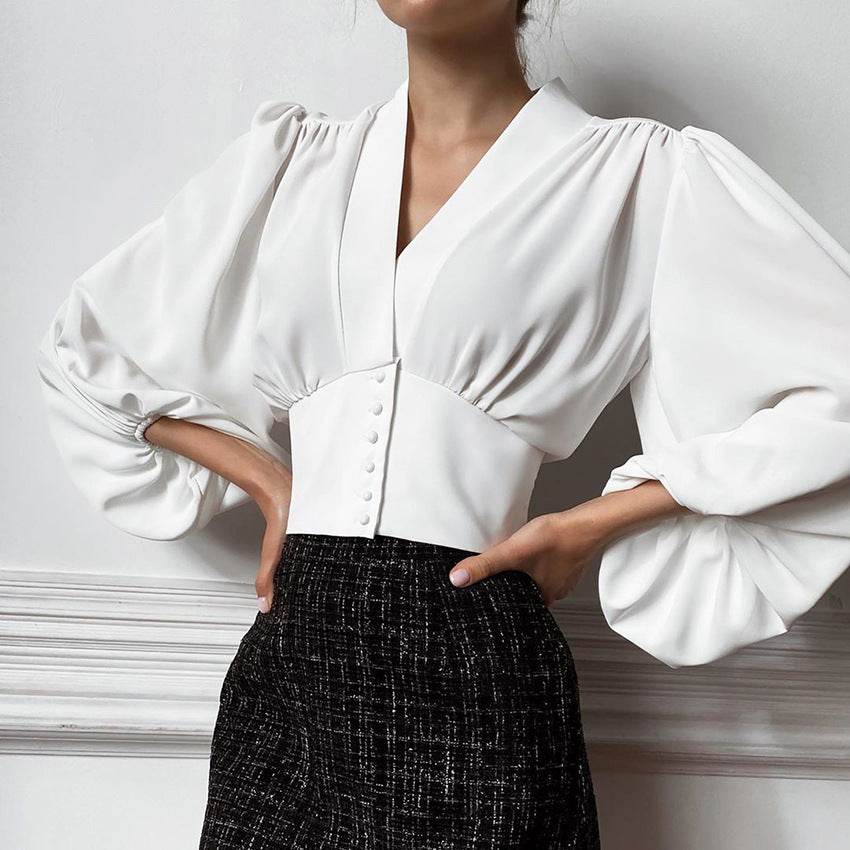 OOTN Elegant White Blouse Women Shirt Top Female Tunic V Neck Button Down Chic Casual Wine Red Blouse Lantern Sleeve Ladies - Mubimart