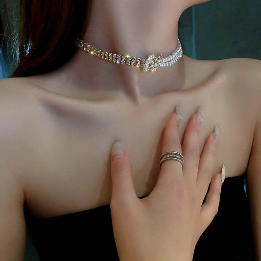 Pearl Crystal Choker Necklaces For Women Short Chain Rhinestone Necklaces Statement Jewelry - Mubimart
