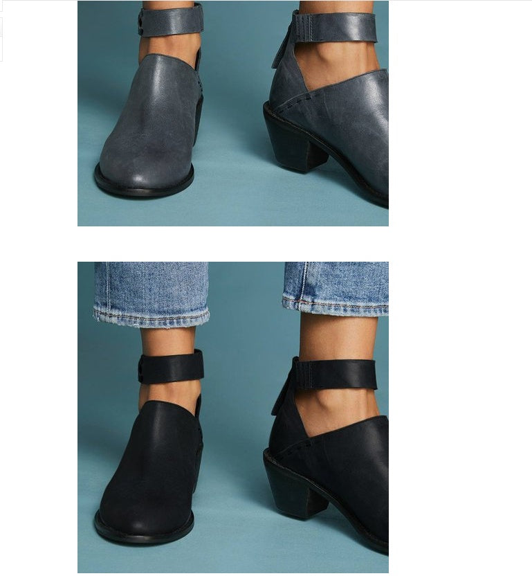 Women Cut Out Booties Buckle Strap Back Zipper Leather Ankle Casual Boots