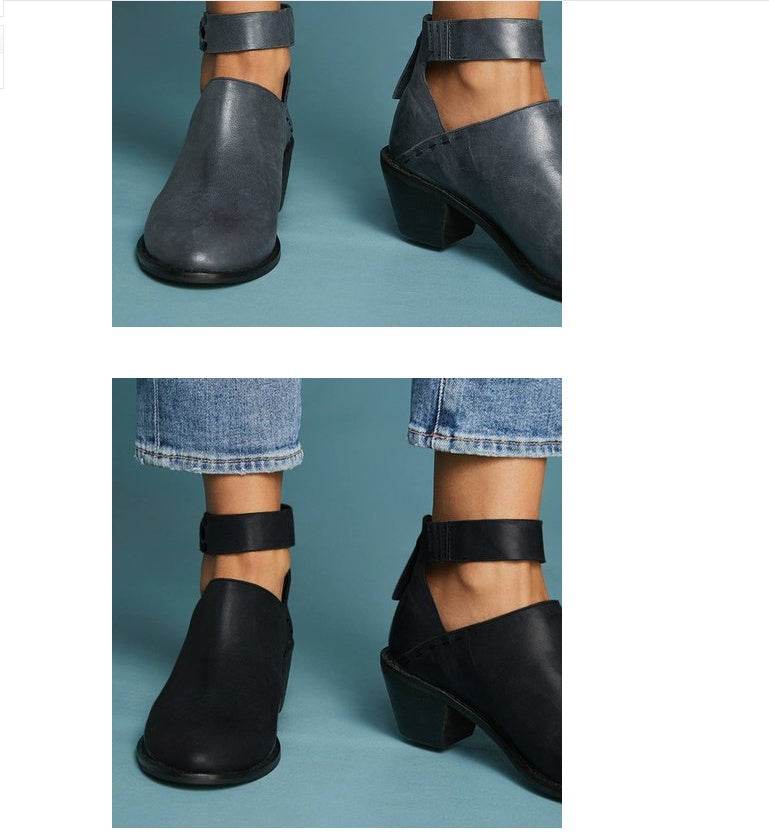 Women Cut Out Booties Buckle Strap Back Zipper Leather Ankle Casual Boots - Mubimart