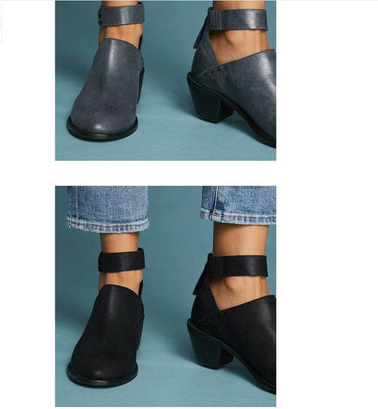 Women Cut Out Booties Buckle Strap Back Zipper Leather Ankle Casual Boots - Mubimart