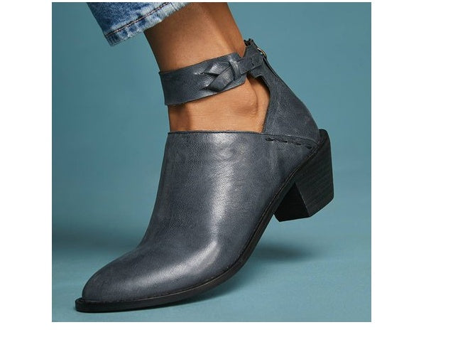 Women Cut Out Booties Buckle Strap Back Zipper Leather Ankle Casual Boots