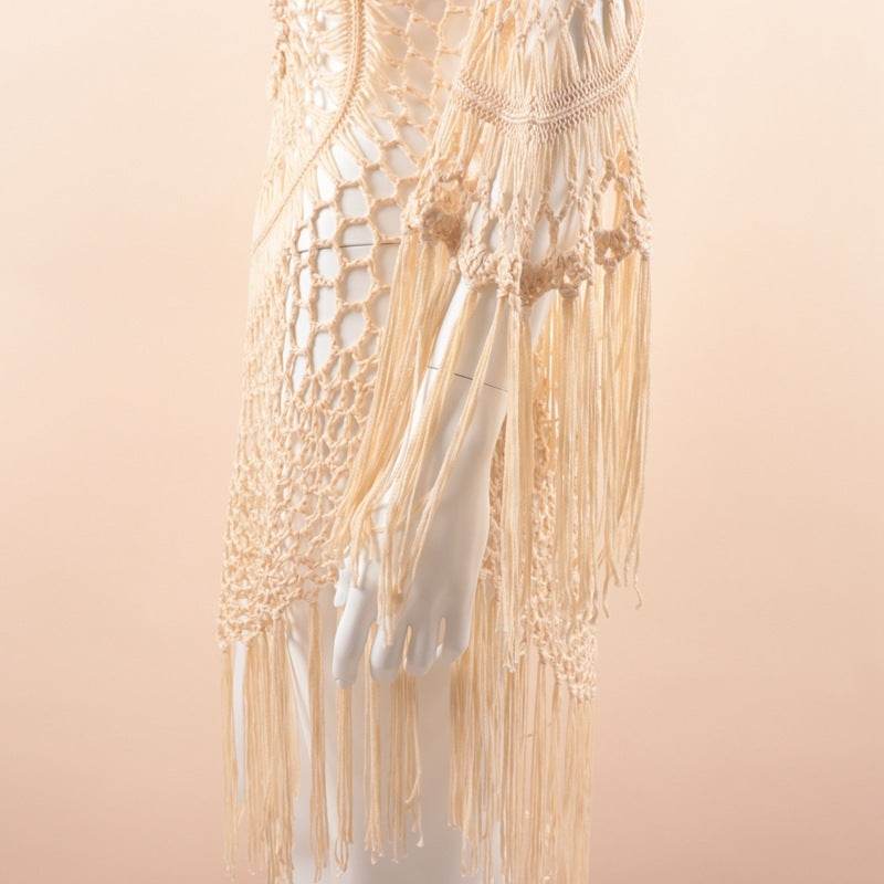 CUPSHE White Crochet Bikini Cover Up with Fringe Trim Women Sexy Hollow Tunic Beach Dress Summer Bathing Suit Beachwear - Mubimart