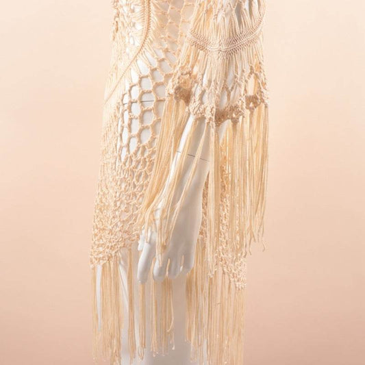 CUPSHE White Crochet Bikini Cover Up with Fringe Trim Women Sexy Hollow Tunic Beach Dress Summer Bathing Suit Beachwear - Mubimart