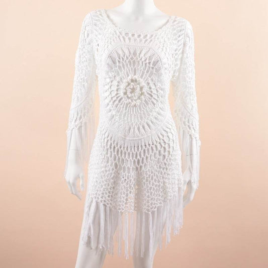 CUPSHE White Crochet Bikini Cover Up with Fringe Trim Women Sexy Hollow Tunic Beach Dress Summer Bathing Suit Beachwear - Mubimart