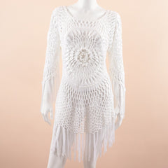 CUPSHE White Crochet Bikini Cover Up with Fringe Trim Women Sexy Hollow Tunic Beach Dress Summer Bathing Suit Beachwear - Mubimart - Tunic 