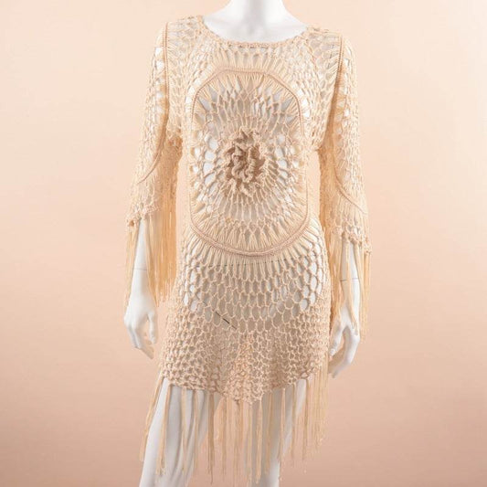 CUPSHE White Crochet Bikini Cover Up with Fringe Trim Women Sexy Hollow Tunic Beach Dress Summer Bathing Suit Beachwear - Mubimart