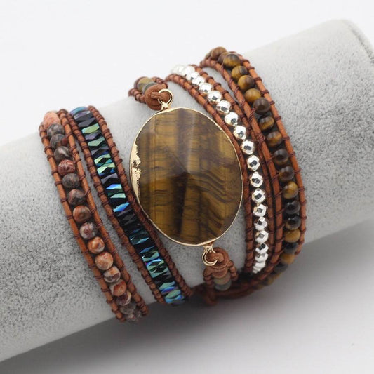 Natural Stone Bracelet for Men and Women Tiger Eye Beaded Hand-woven Leather Bracelet Punk Rock Couples Hand Accessories - Mubimart