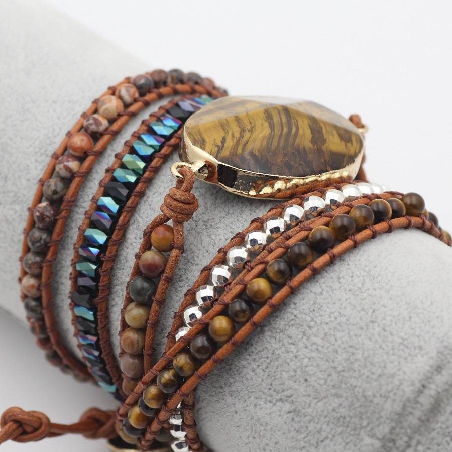Natural Stone Bracelet for Men and Women Tiger Eye Beaded Hand-woven Leather Bracelet Punk Rock Couples Hand Accessories - Mubimart